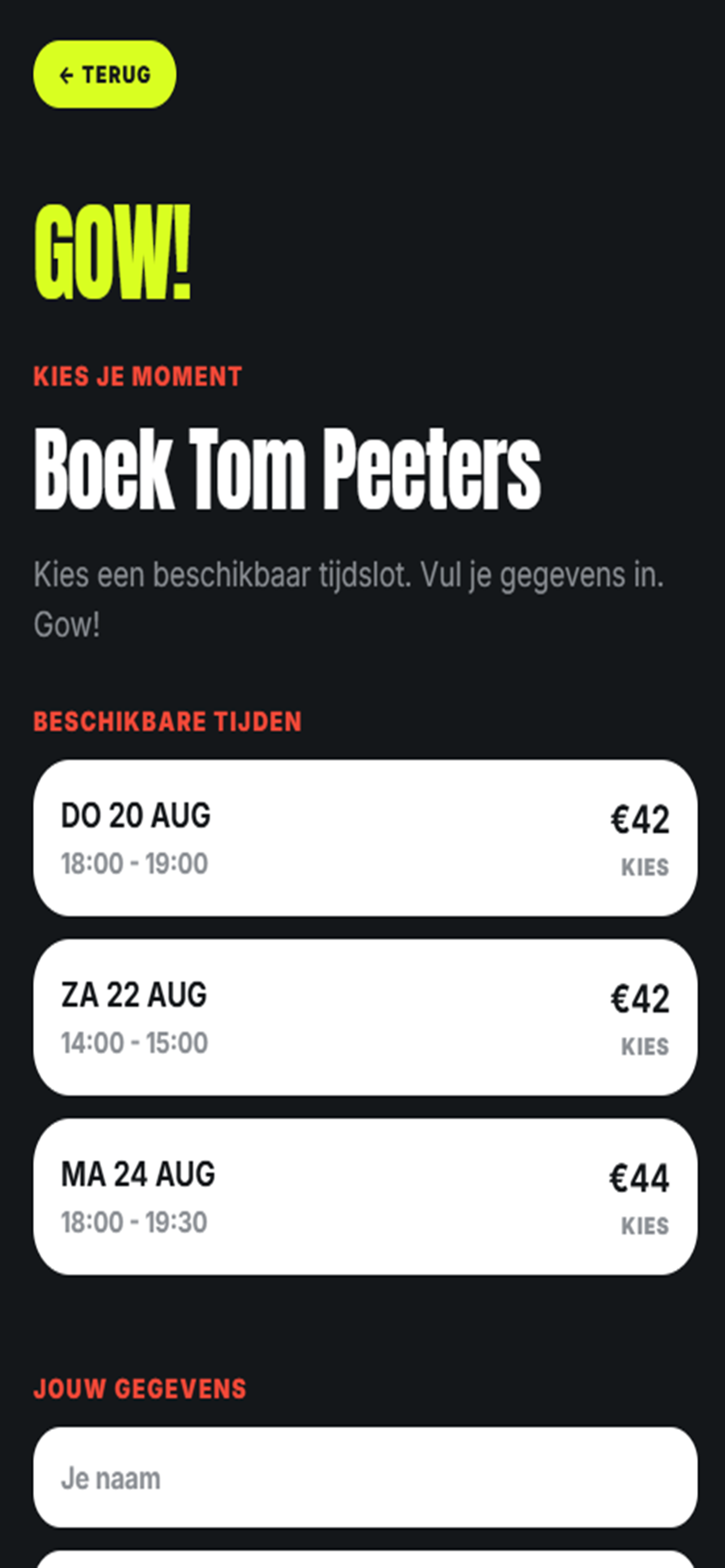 GowTrain app waarin je een trainer en beschikbaar moment kiest